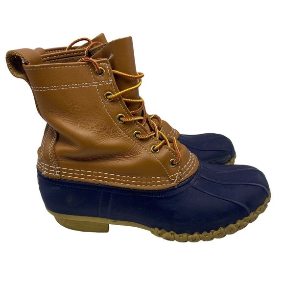 LL BEAN Women’s 8W Navy Brown Leather Classic 8 Inch Unlined Duck Bean Boots - Picture 5 of 10